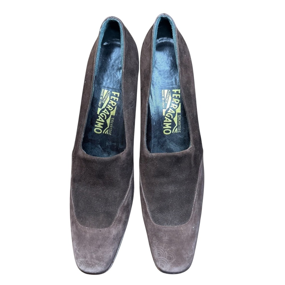 Salvatore Ferragamo Shoes Womens Size 7.5 4A Brown Suede Square Toe Pumps Italy